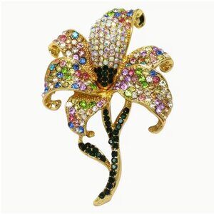 Betsey Johnson Iridescent Crystal Lily Flower Brooch Gold Tone